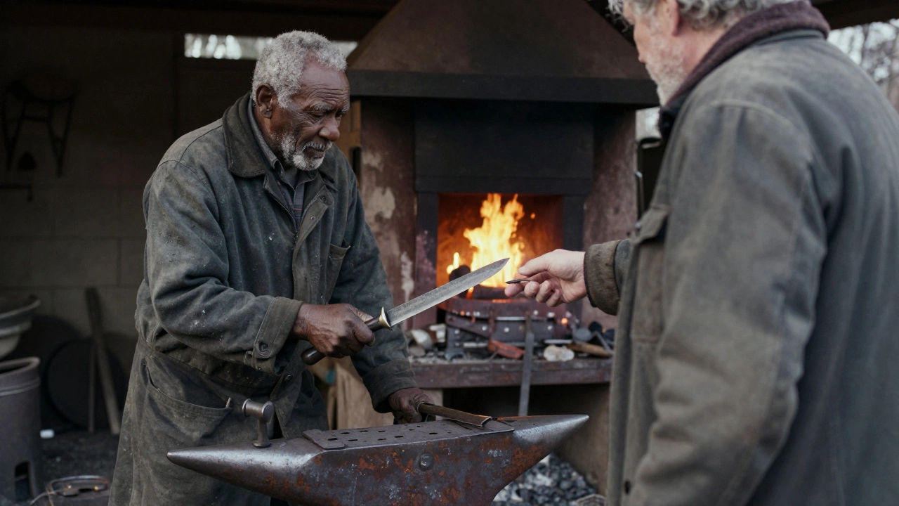 A blacksmith handing a handmade knife to a stranger in a quiet forge, firelight glowing softly.
