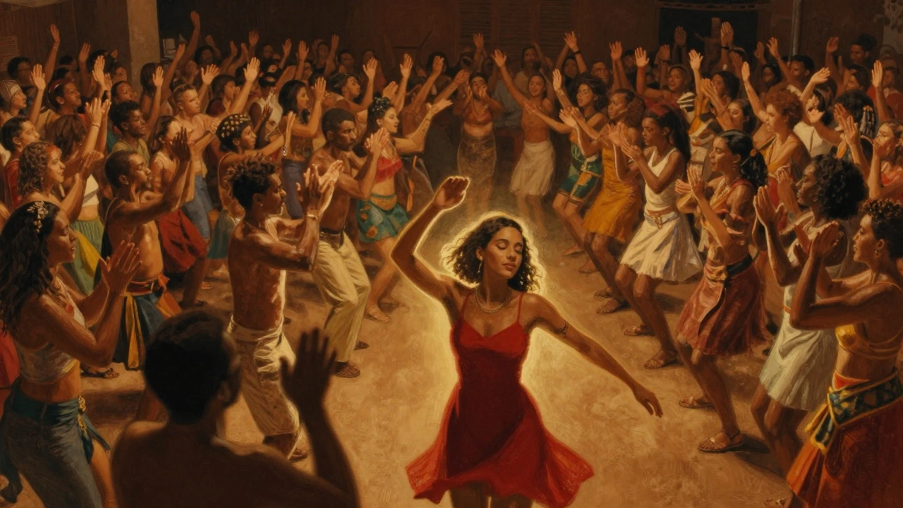 A Brazilian crowd moves in unison, clapping in 6/8 rhythm, one woman in red dances alone under warm stage light.