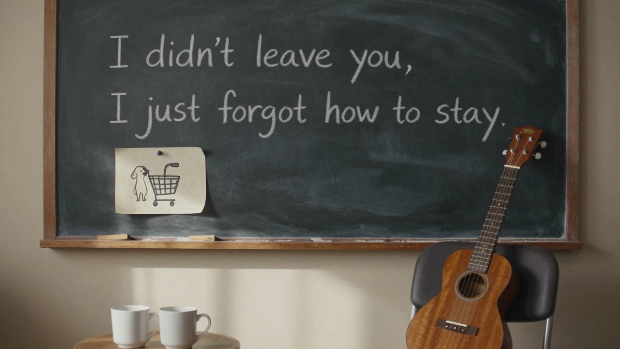 A chalkboard with a raw lyric and a doodle of a dog and grocery cart, ukulele unused nearby in soft morning light.