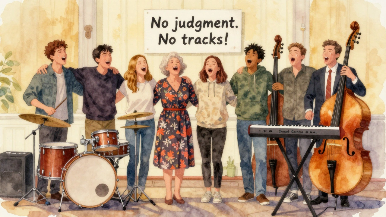 A diverse group of strangers stand in a circle on stage, singing together with the band, tears and joy visible on their faces.