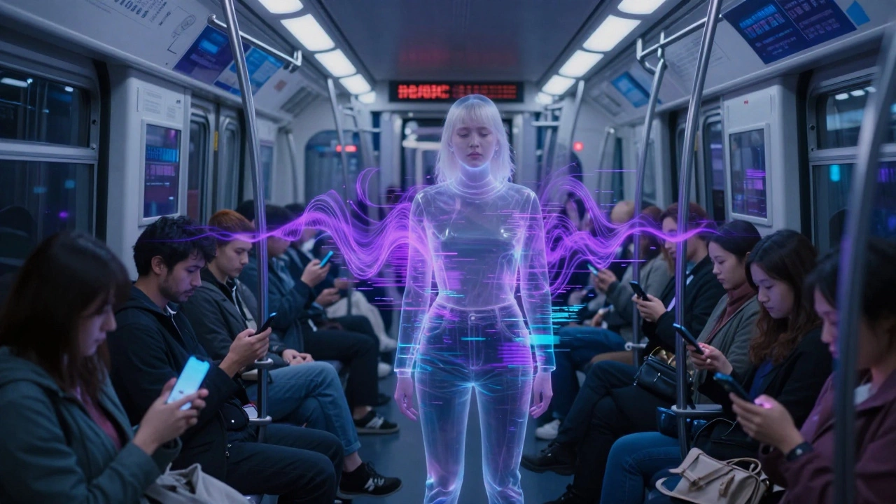 A glitchy figure singing silently on a crowded train surrounded by phone screens.