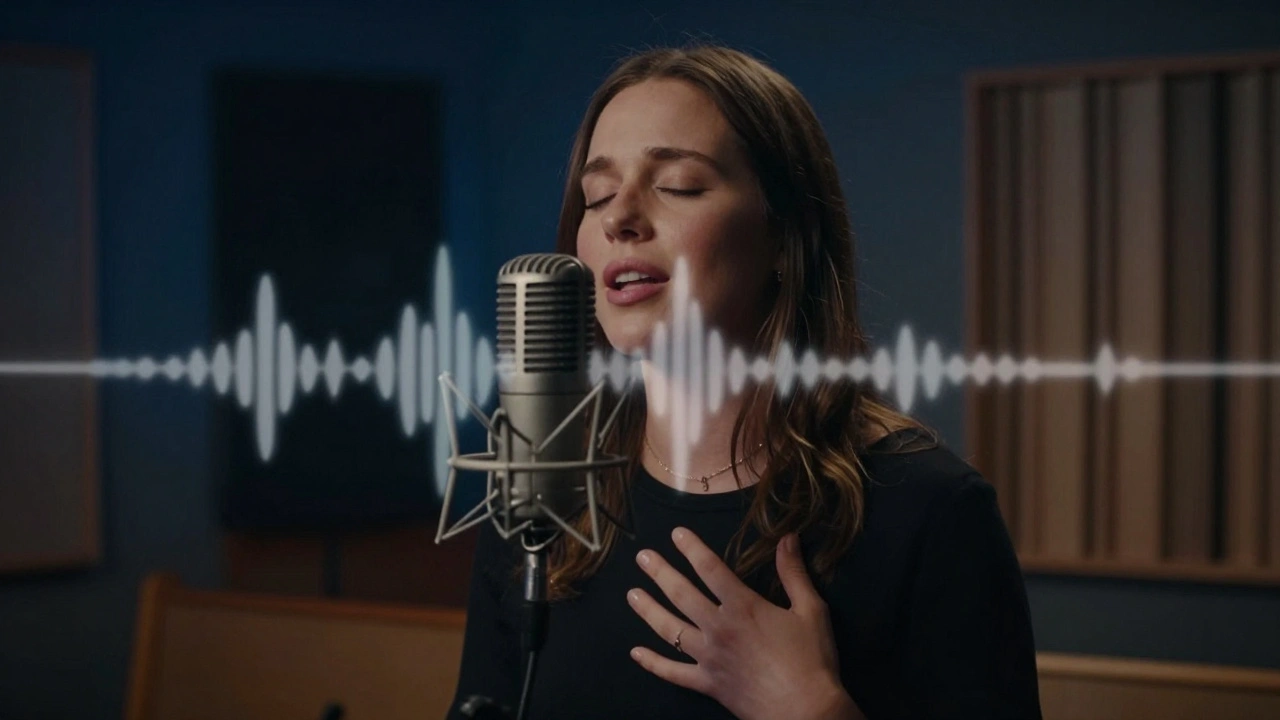 A professional singer in a studio, eyes closed, singing with quiet intensity, breath visible as a continuous soundwave.