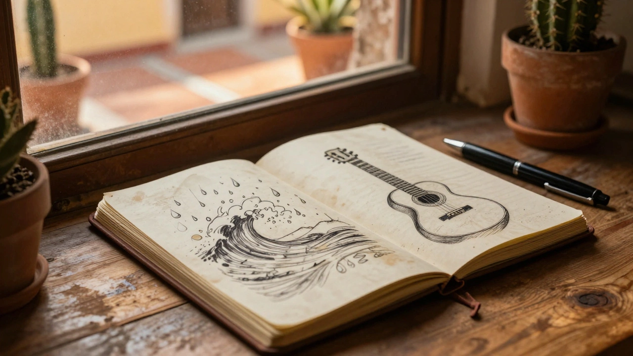 A sunlit notebook with handwritten lyrics and a pen in an Oaxaca cabin window.
