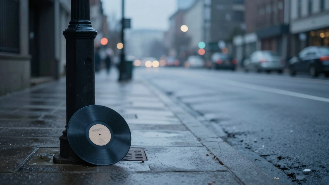 A vinyl record resting on a wet urban sidewalk under a dim streetlamp in early spring.
