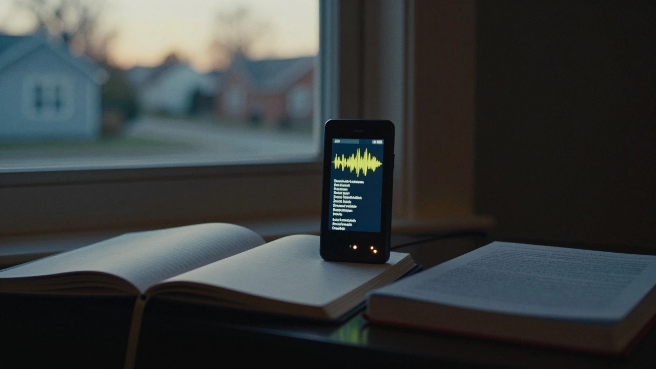 A voice memo waveform on a nightstand with a cough highlighted, dawn light creeping through a window.