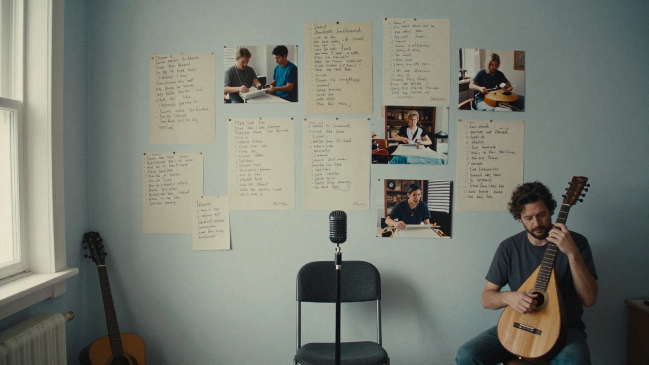 A wall of handwritten podcast transcripts and photos of artisans, with a single microphone in the center.