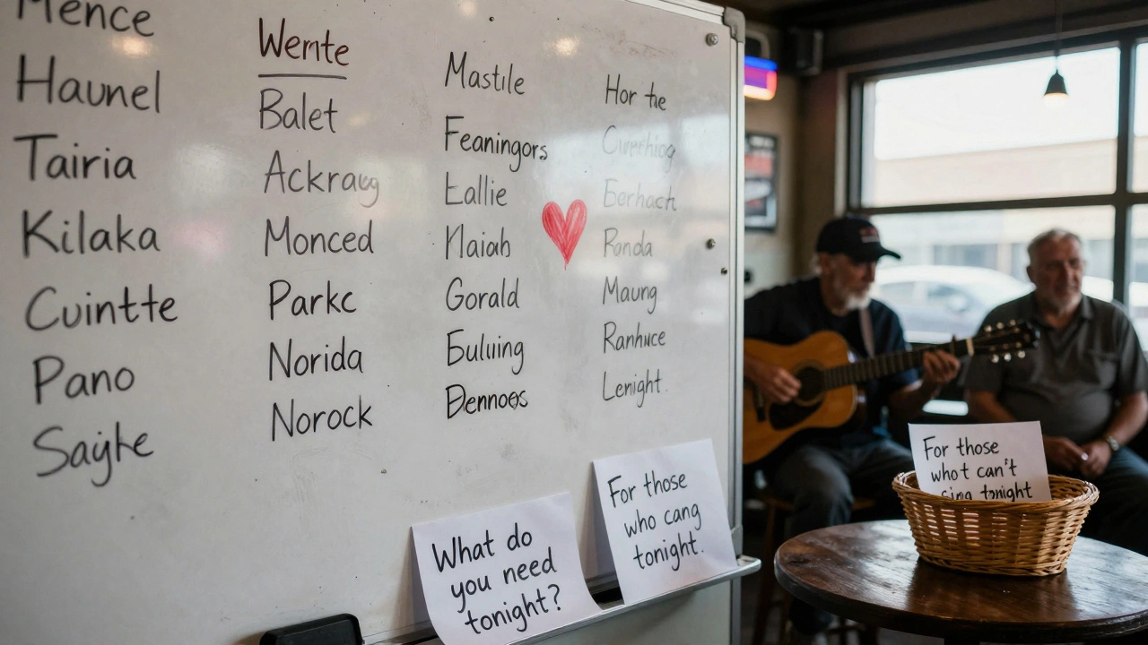 A whiteboard with handwritten names and a red heart beside one entry, beside a donation basket labeled for those who can't sing tonight.