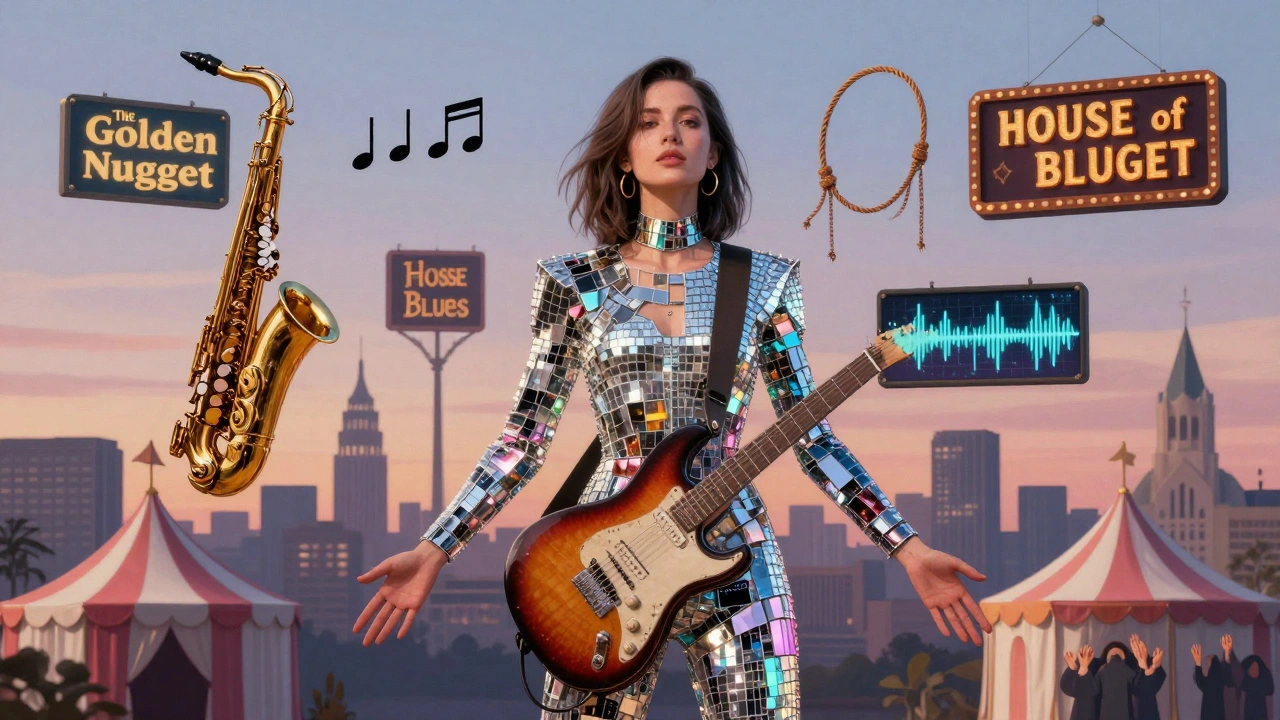 Alli Starr as a genre-blending mosaic, surrounded by symbols of Vegas venues and musical styles.