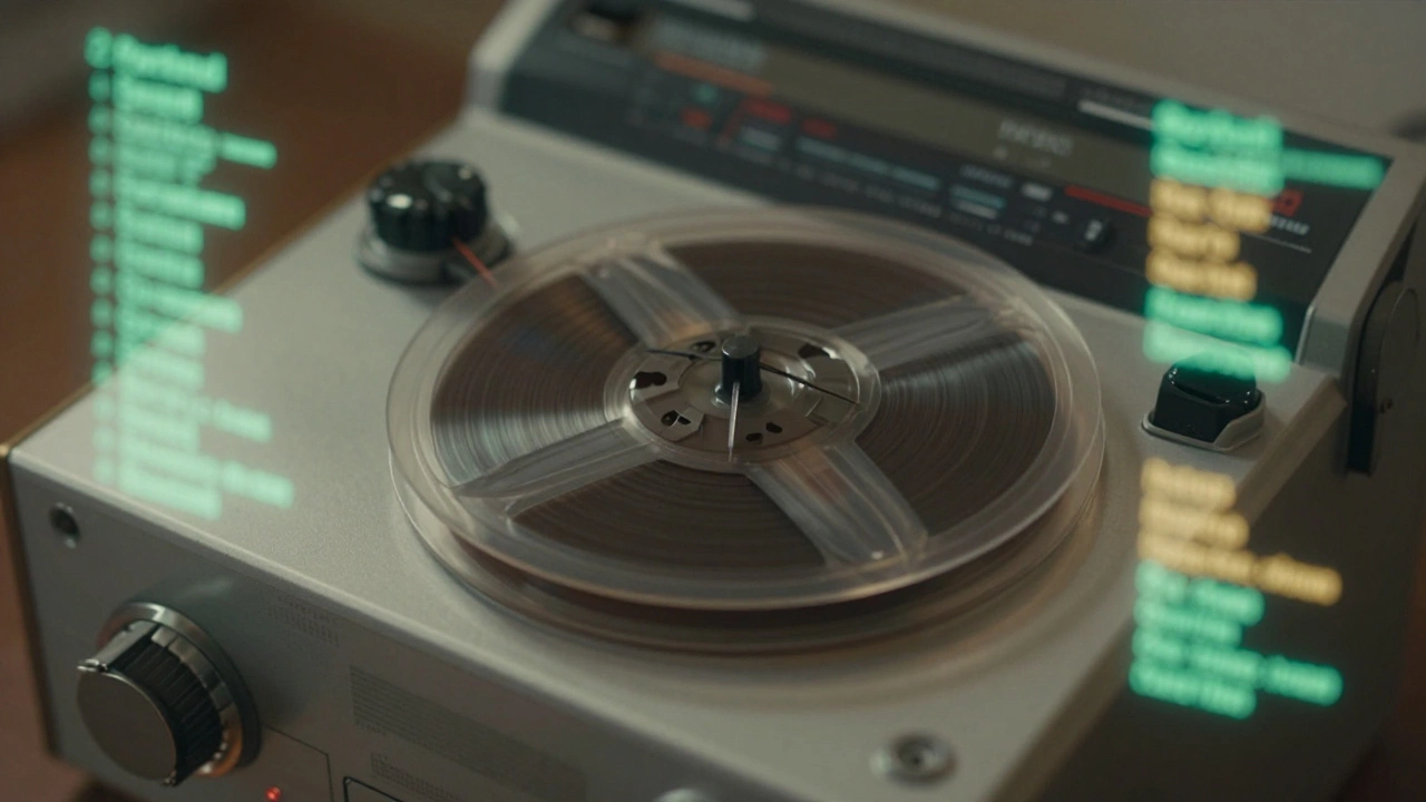 An analog tape recorder spinning with faint glowing data streams representing music analytics.