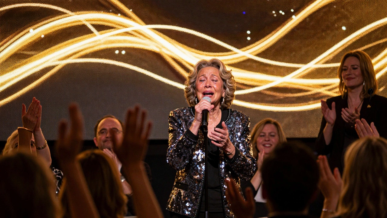 An elderly woman singing passionately on stage as the crowd stands in applause, tears in her eyes, under golden light.