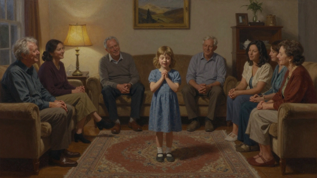 A child singing to loving adults in a quiet living room, no audience pressure, just warmth.