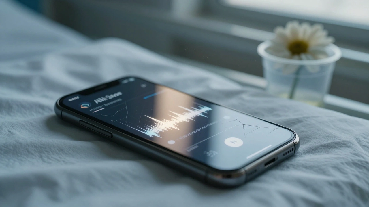 A cracked smartphone on a hospital bed playing a raw humming voice memo, with soft light and a lone flower nearby.