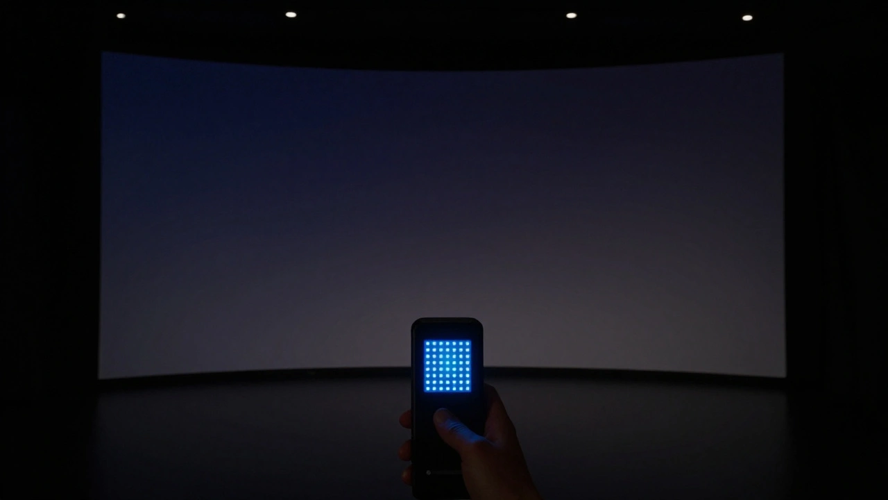 A curved projection screen glows with slow gradients, dimming lights respond to movement, and a handheld device measures LED color accuracy for precision visual consistency.