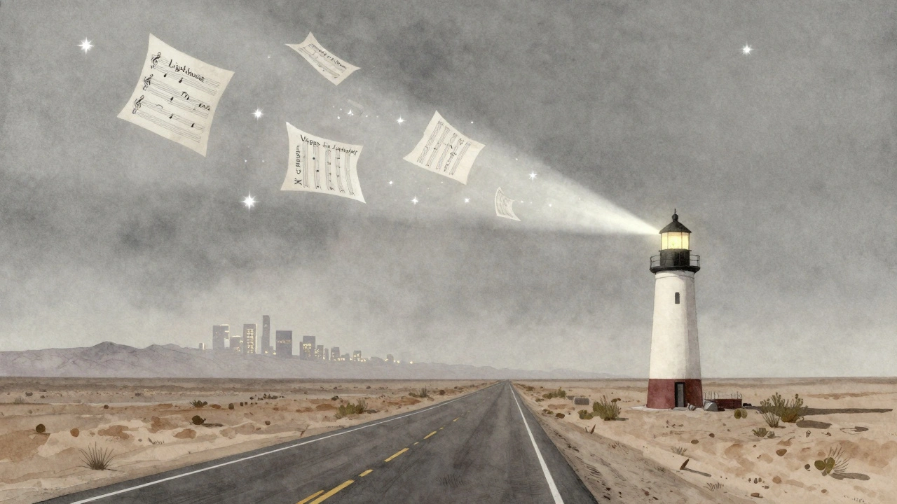 A desert lighthouse at night, its beam glowing over floating song titles, distant Vegas lights in the horizon under a starry sky.