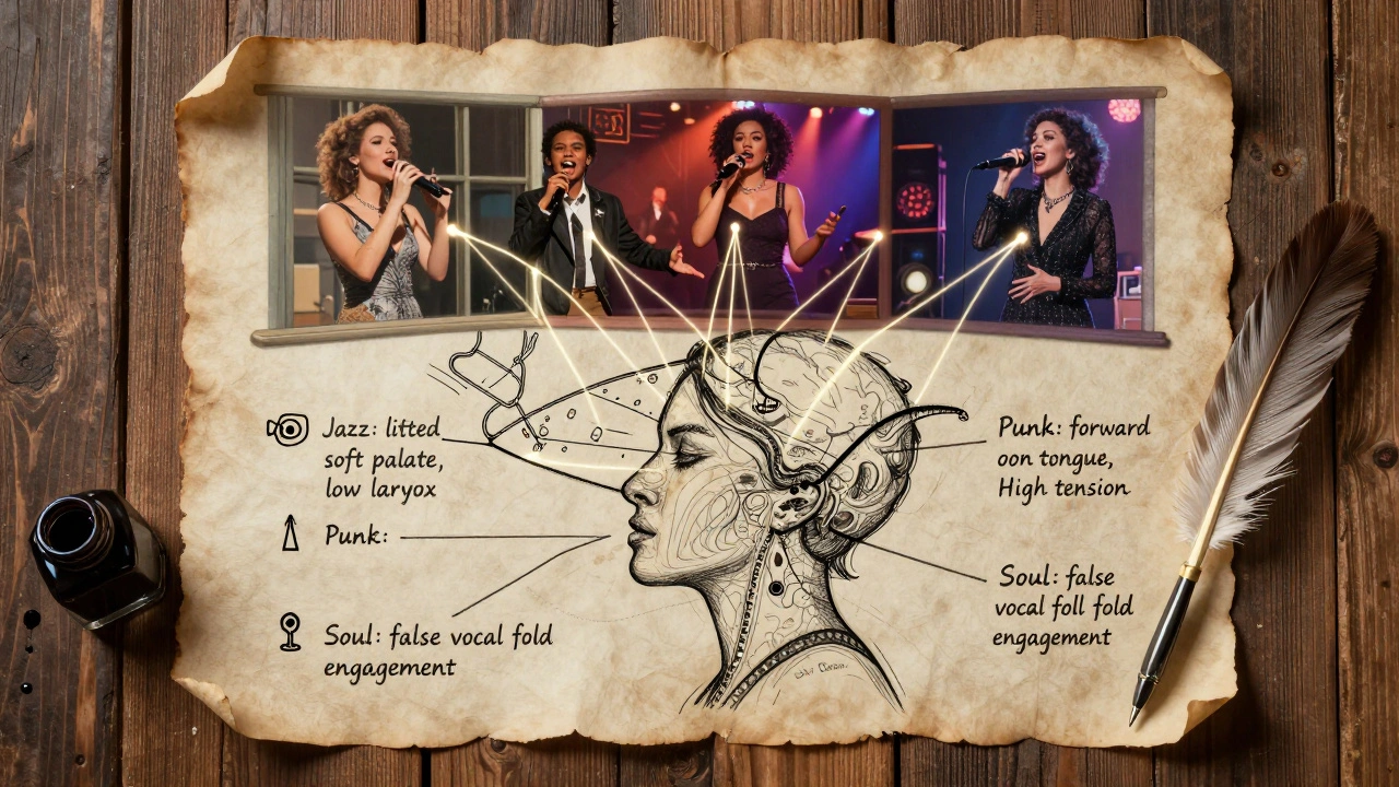 A detailed hand-drawn map of vocal techniques labeled with terms like 'Jazz: low larynx' and 'Punk: high tension', pinned to a wooden wall.