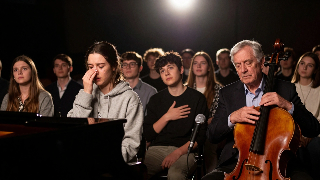 A diverse audience moved to tears by a live tribute performance, lit by a single stage spotlight.