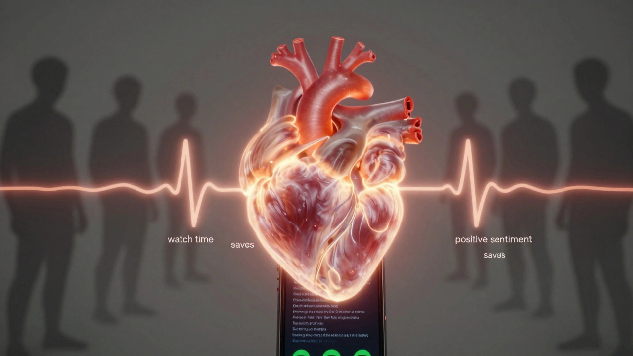 A glowing heart made of data streams representing emotional engagement from a music video, with positive metrics radiating outward.