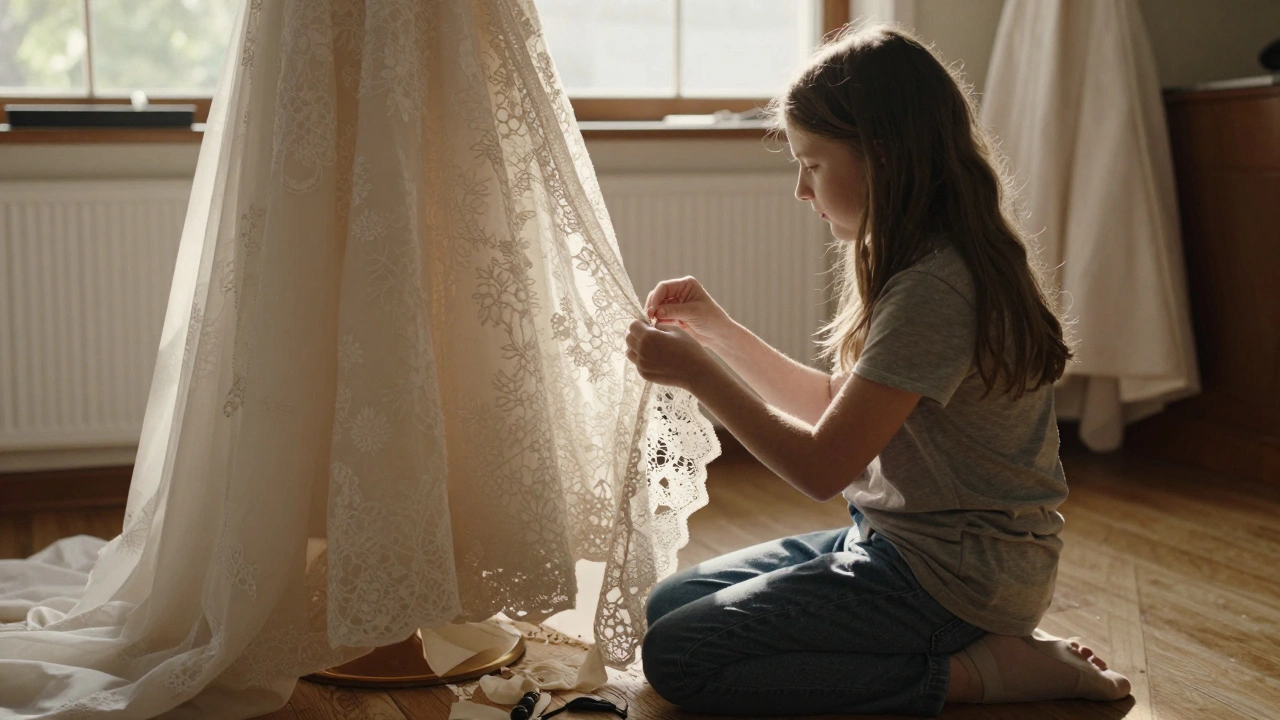 A grandmother sewing funeral linens as a child watches quietly in the preparation room.