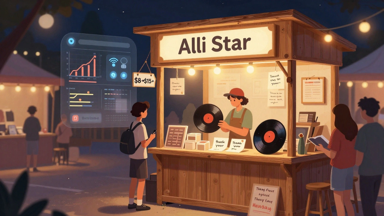 A handmade Bandcamp storefront at night with fans holding vinyl records and handwritten notes.