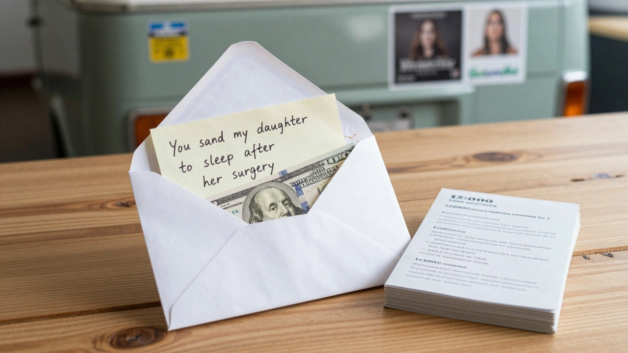 A handwritten 0 bill with a heartfelt note beside a stack of music purchases, symbolizing fan support for Alli Starr's independent career.