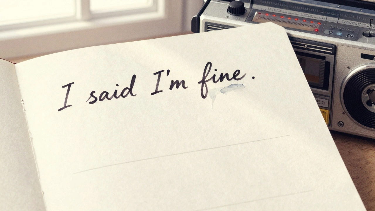 A handwritten lyric with the phrase 'I said I'm fine' followed by empty space and a smudged tear.