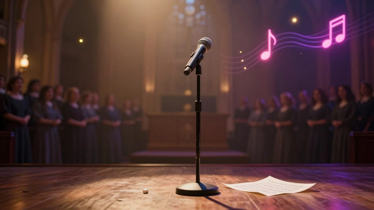 A lone microphone beside a pearl earring and sheet music, blending church light and pop neon in a surreal convergence of vocal legacies.