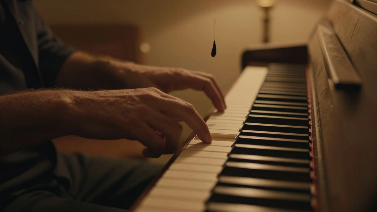 A musician's hand hovering above a piano key, suspended chord in the air, warm lamplight.