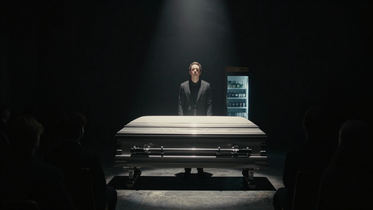 A performer on stage with only a microphone, surrounded by the quiet sounds of a funeral home.