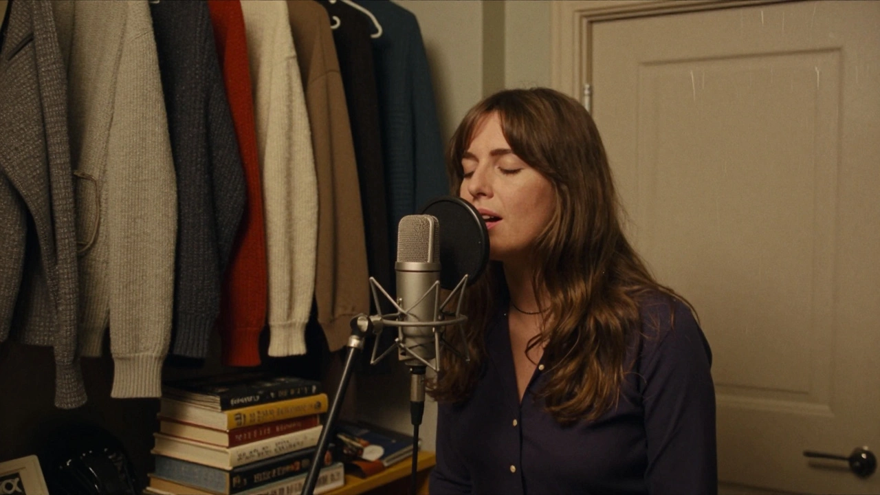 A singer recording harmonies in a closet lined with sweaters, using a simple USB microphone.