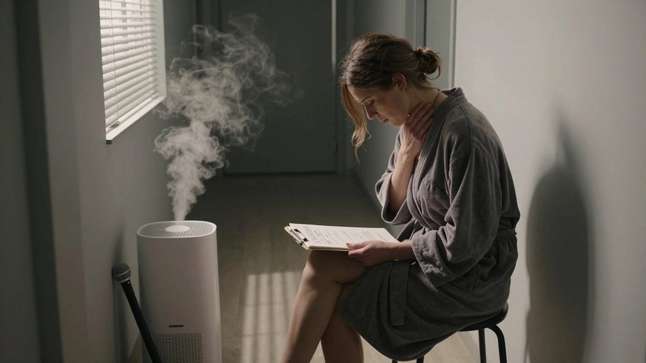 A singer resting backstage at dawn, steam rising from a humidifier, quiet moment of recovery after a show.