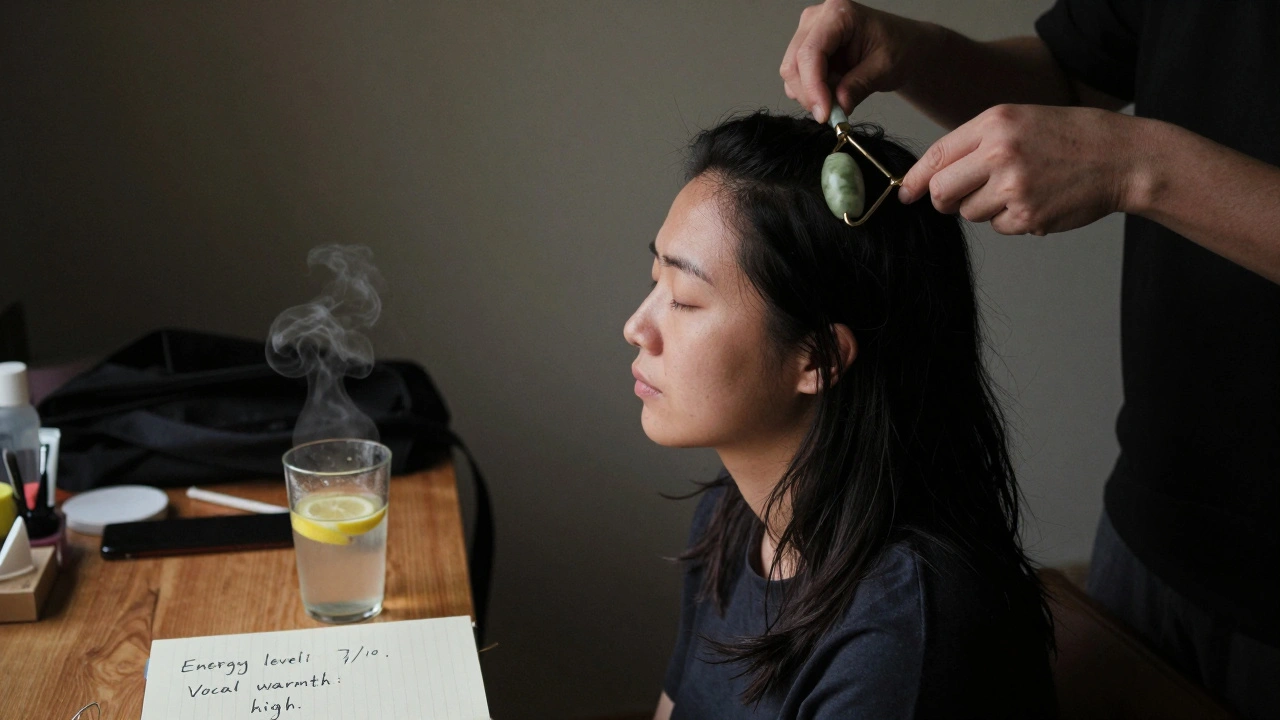 A singer sits backstage breathing deeply, using a jade roller on her skull beside a cup of lemon water and an open journal.