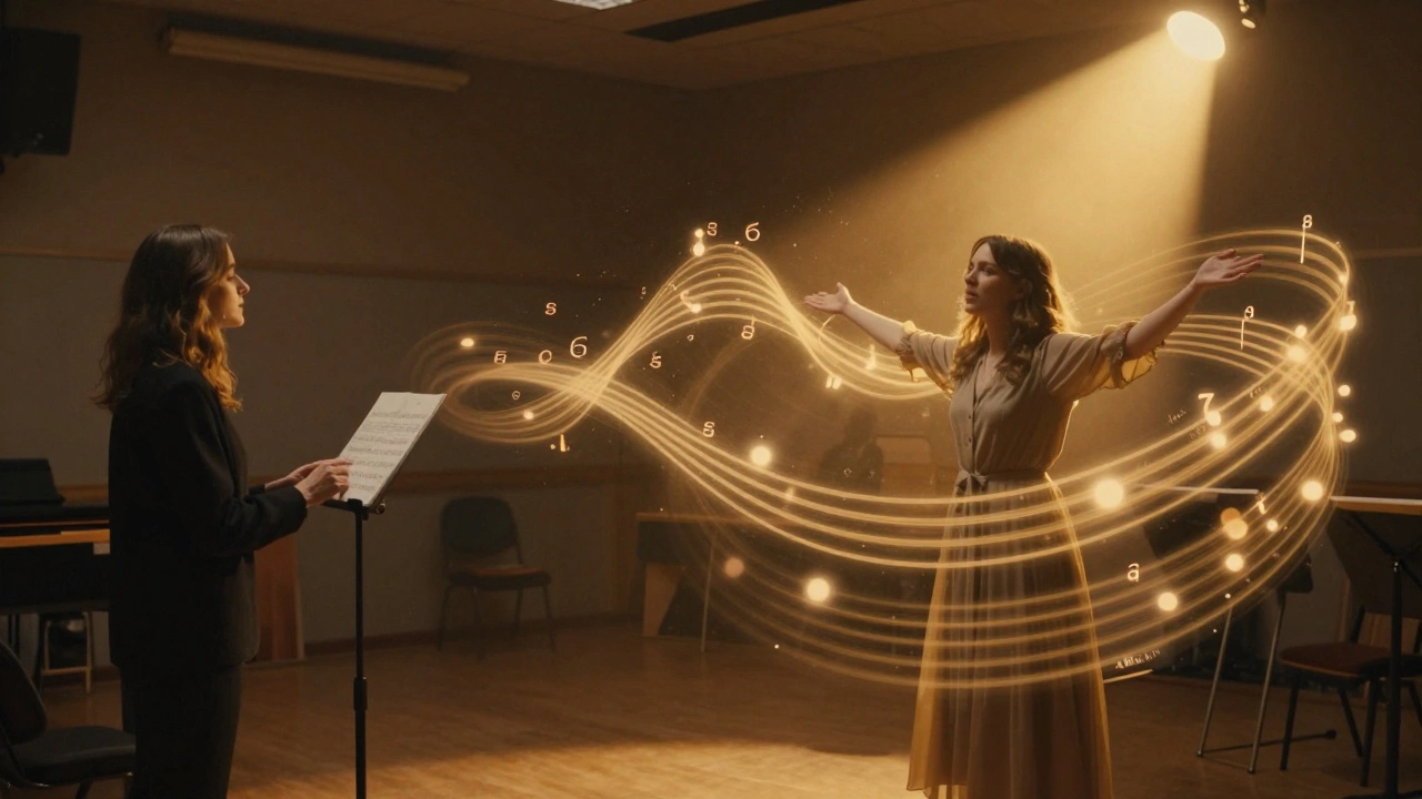 A singer transitioning from isolated sheet music to surrounded by glowing vocal harmonies in flowing ribbons of sound.