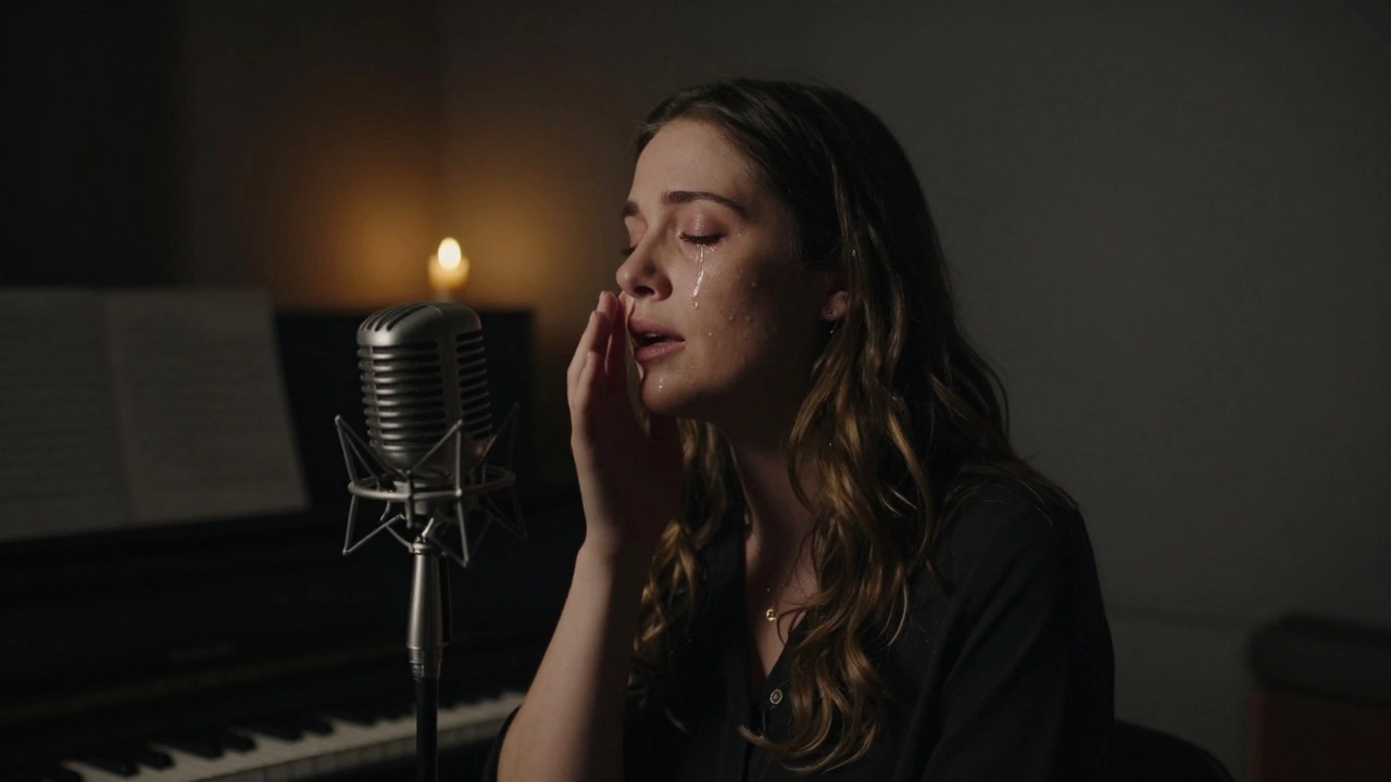 A singer whispers into a microphone, tears falling, bathed in a single beam of light during a raw recording moment.