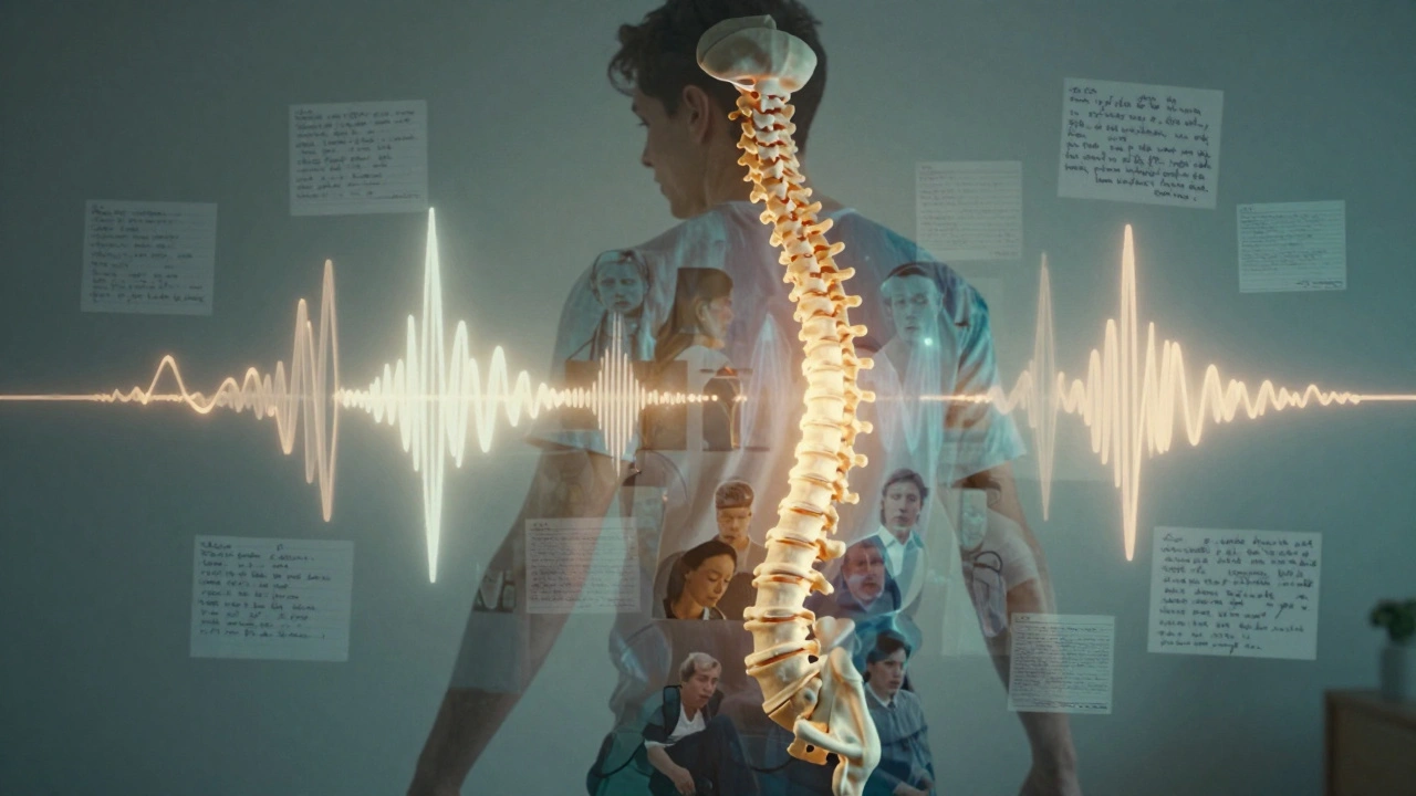 A spine in motion blended with calming brainwave patterns, surrounded by floating handwritten feedback notes.