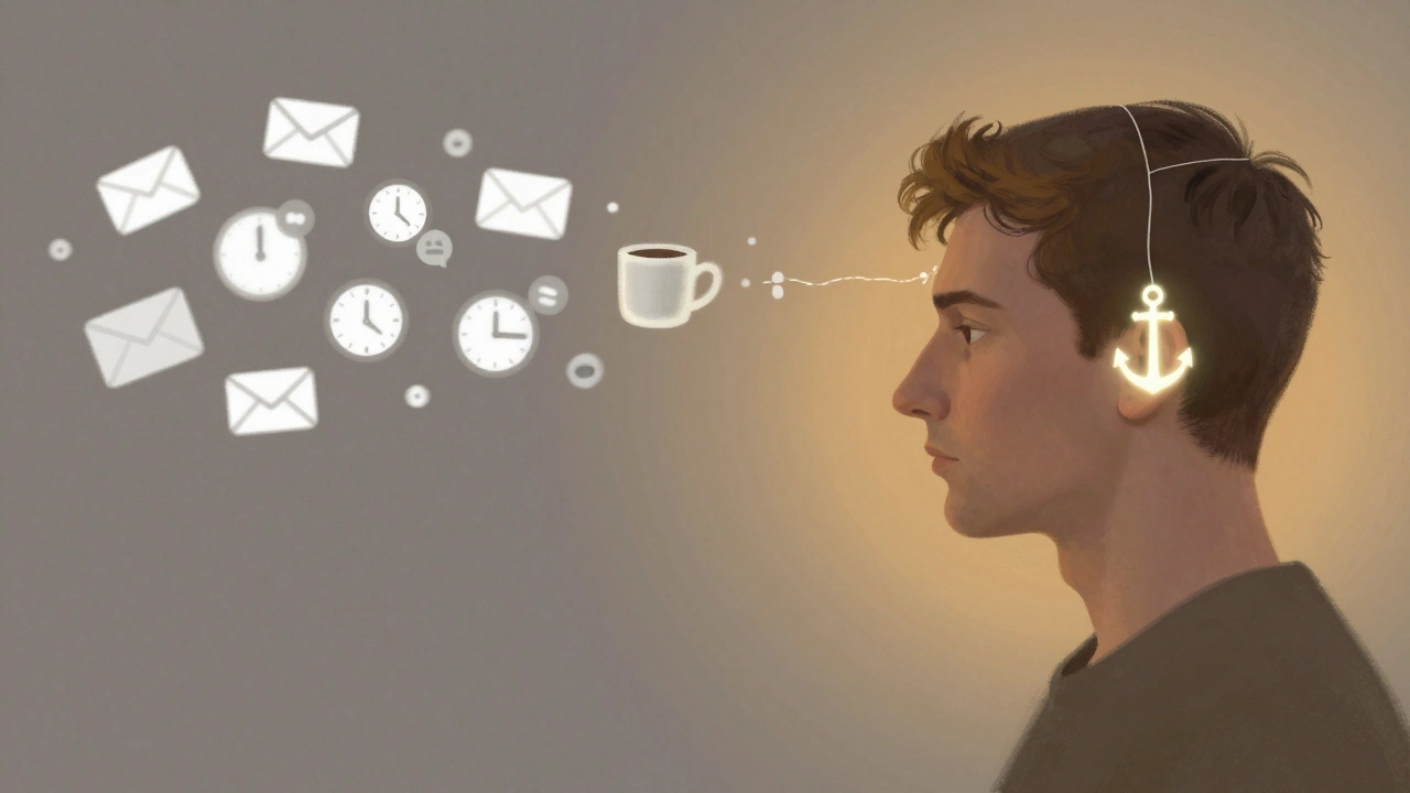 A split mental landscape: chaotic distractions on one side, a single glowing anchor object connected to the mind on the other.