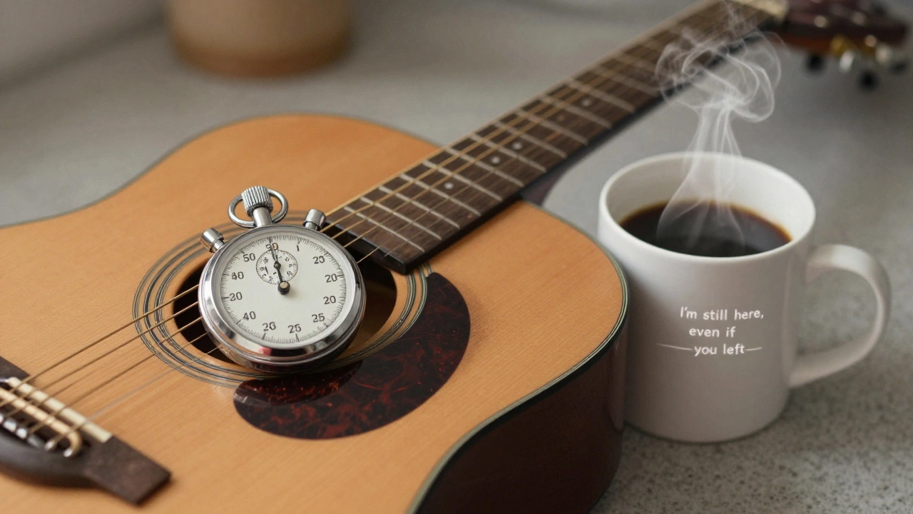 A stopwatch rests on an acoustic guitar beside a coffee mug, with a faint rhythmic glow around the mug, evoking natural timing.