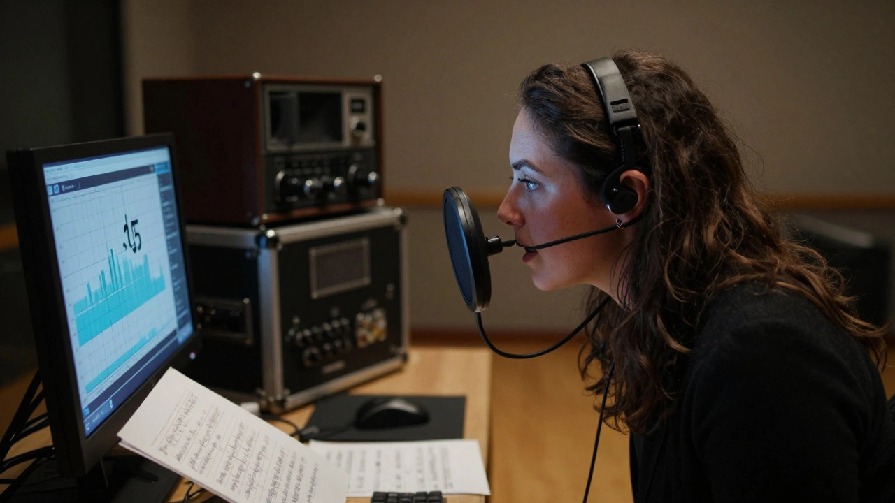 A vocalist using a resonance device in rehearsal, focused on a spectrograph showing a sustained high note.