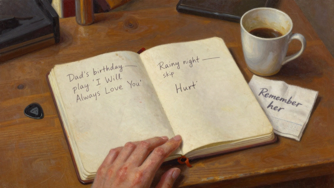 A weathered notebook with handwritten show notes, a guitar pick, and a faded napkin with a personal message on a backstage table.