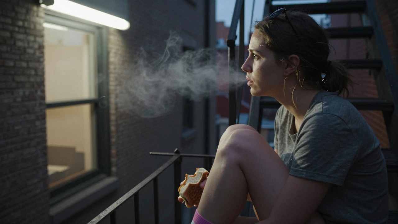 A woman on a fire escape at dusk, staring at a neighbor’s window, mismatched socks, quiet light.