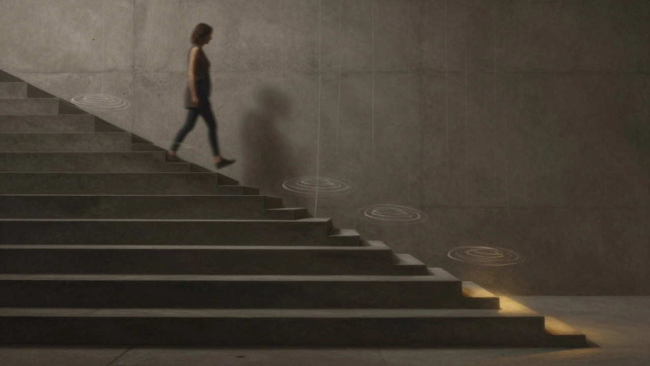 A woman walking up an endless staircase, her shadow stretching, one step glowing faintly.