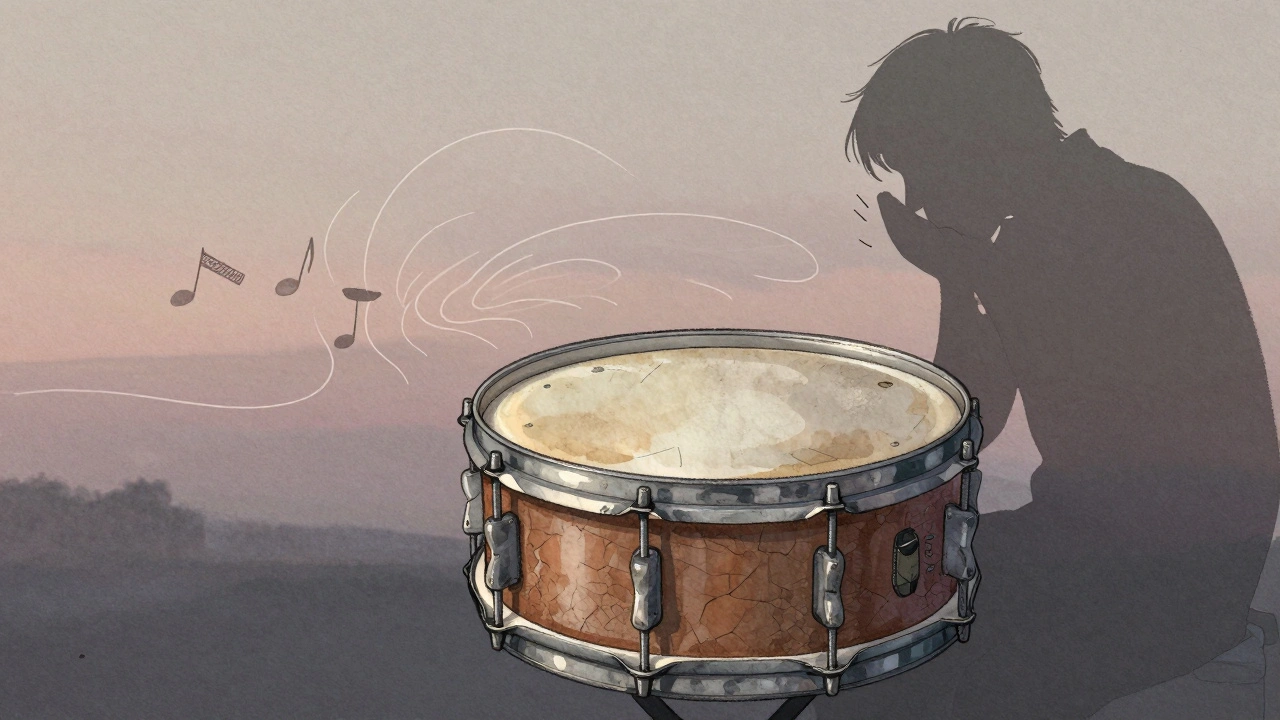 A worn snare drum emits fading sound waves shaped like a sigh, surrounded by subtle ghost notes of hi-hats and hand claps.