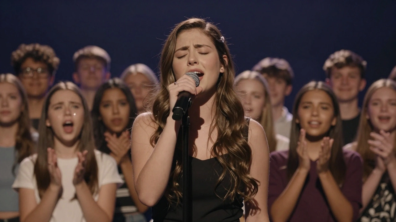 A young singer performs a solo on stage, eyes closed, as the choir behind her harmonizes and the audience rises in awe.