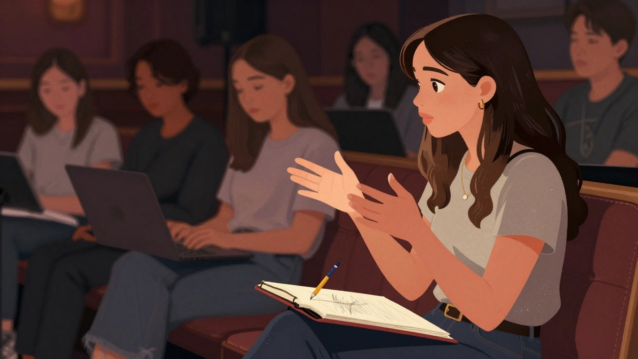 A young student sketches intently in the front row, watching Alli Starr improvise a harmony with emotional depth.