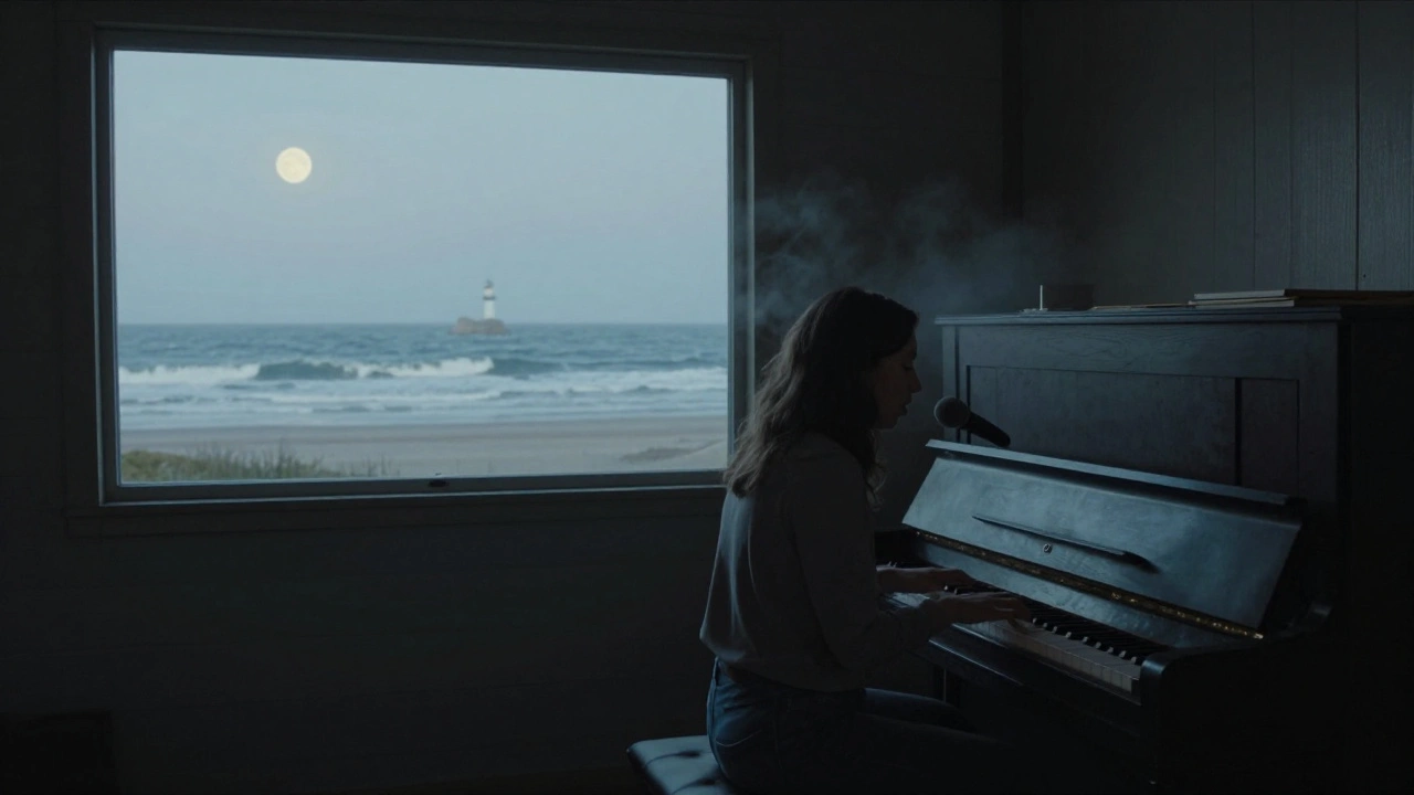Alli Starr alone at a broken piano by a window, ocean waves crashing outside under moonlight, recording the final track of her EP.