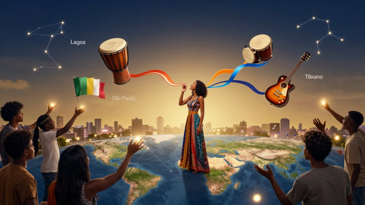 Alli Starr at the center of a global map, her music flowing as cultural ribbons to Lagos, São Paulo, and Tokyo.