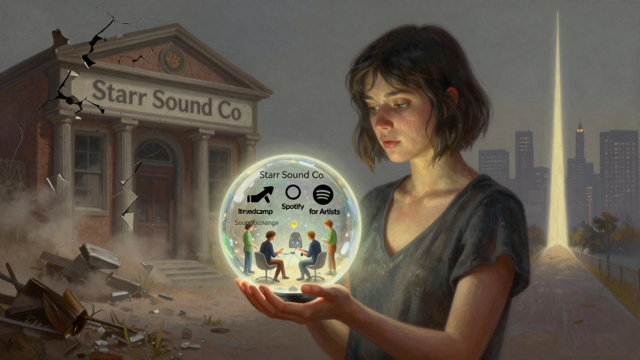 Alli Starr holding a glowing orb containing her independent music tools, as a traditional label fades away.