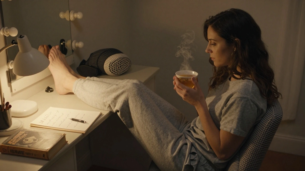 Alli Starr in dressing room after show, sipping tea, weighted pillow nearby, handwritten notes and a book of letters on the table.