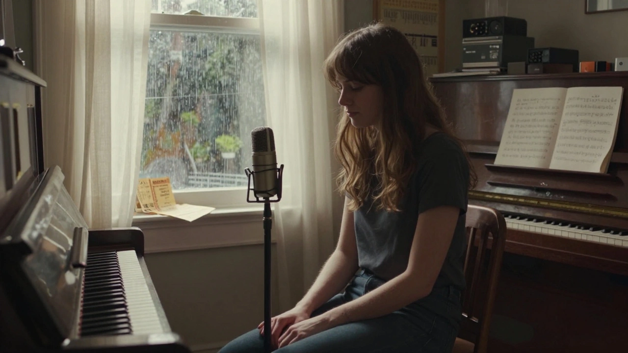 Alli Starr in her simple Portland studio, singing softly beside a worn mic as sunlight streams through the window.