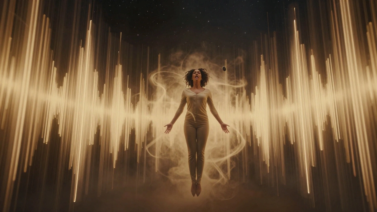 Alli Starr inside a glowing vocal tunnel, harmonics swirling around her as if floating, representing emotion and technique united.