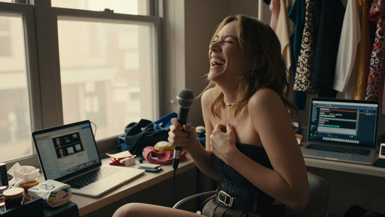 Alli Starr laughing backstage, holding a missing mic, with a live stream visible on a laptop amid scattered costumes and makeup.